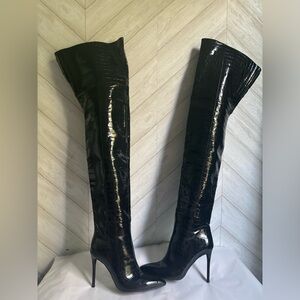 NEW Jeffrey Campbell thigh high croc print patent heeled boots Sherise-P black 6
